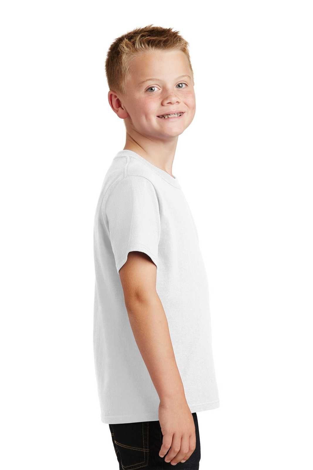 Port &amp; Company PC54Y Youth Core Cotton Tee - White - HIT a Double - 3