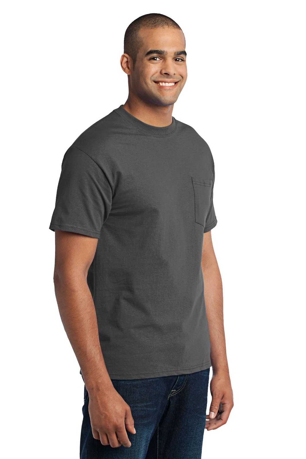 Port &amp; Company PC55P Core Blend Pocket Tee - Charcoal - HIT a Double - 4