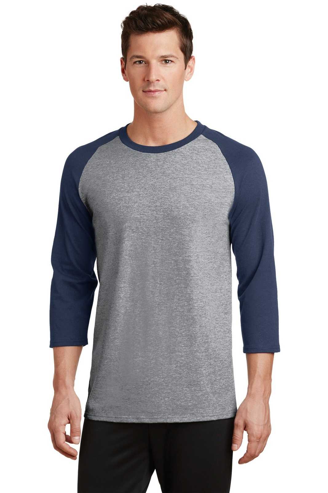 Port &amp; Company PC55RS Core Blend 3/4-Sleeve Raglan Tee - Athletic Heather Navy - HIT a Double - 1