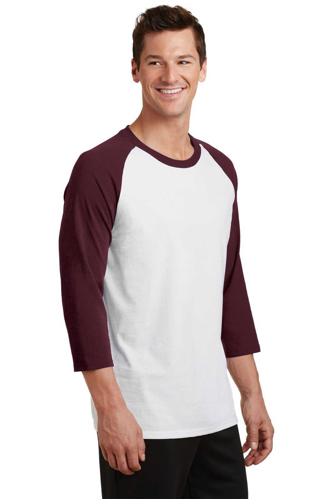 Port &amp; Company PC55RS Core Blend 3/4-Sleeve Raglan Tee - White Athletic Maroon - HIT a Double - 4