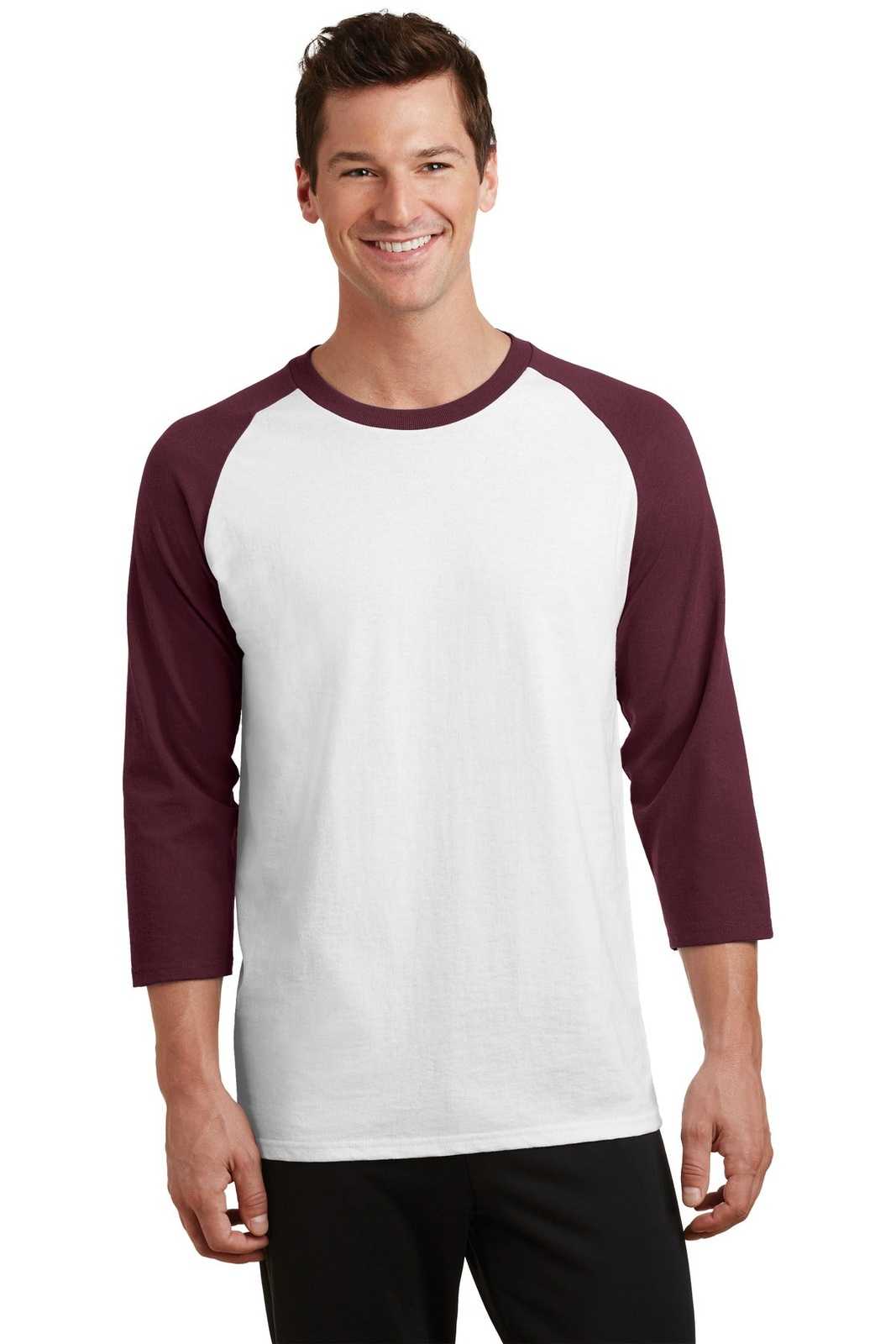 Port &amp; Company PC55RS Core Blend 3/4-Sleeve Raglan Tee - White Athletic Maroon - HIT a Double - 1