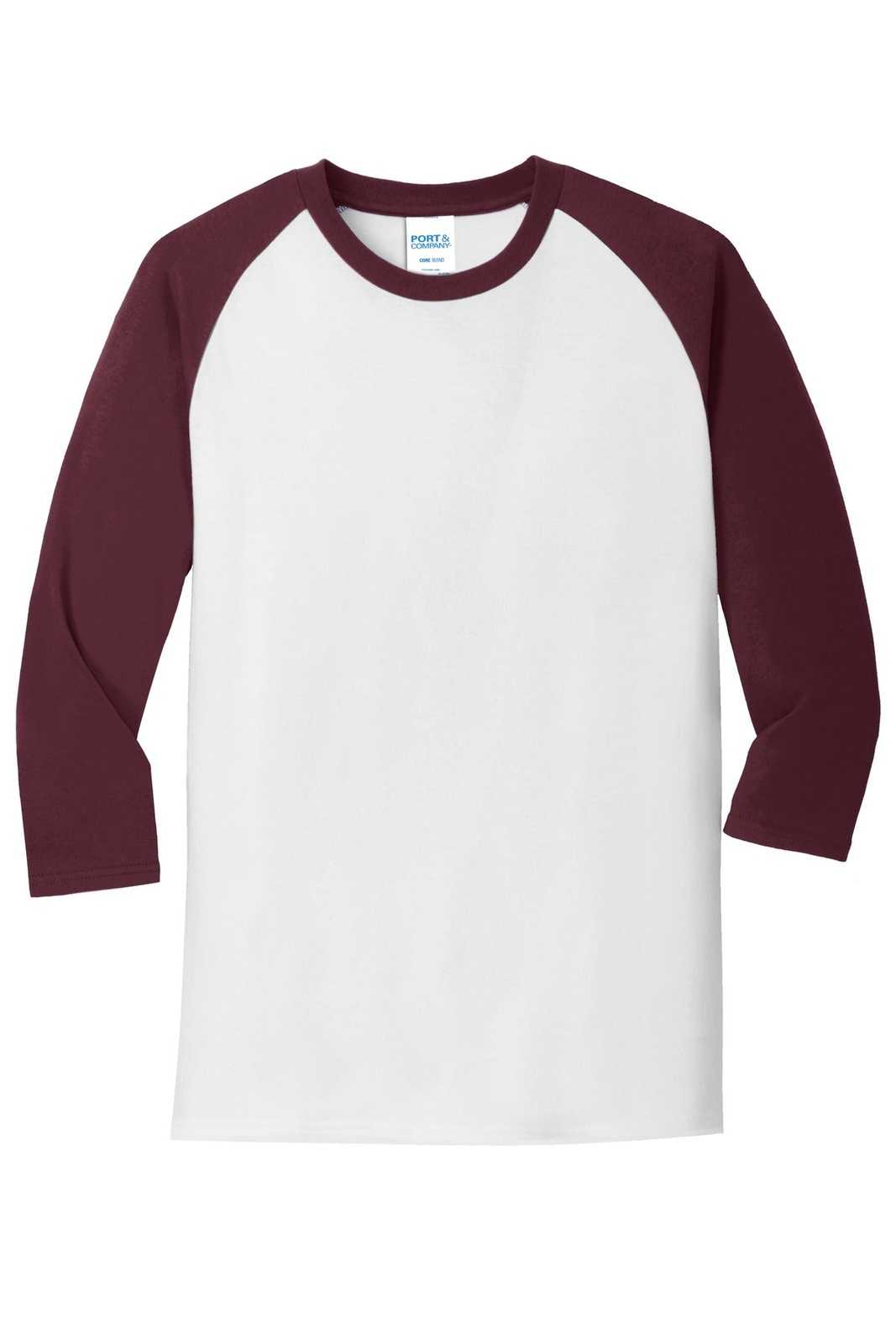 Port &amp; Company PC55RS Core Blend 3/4-Sleeve Raglan Tee - White Athletic Maroon - HIT a Double - 5