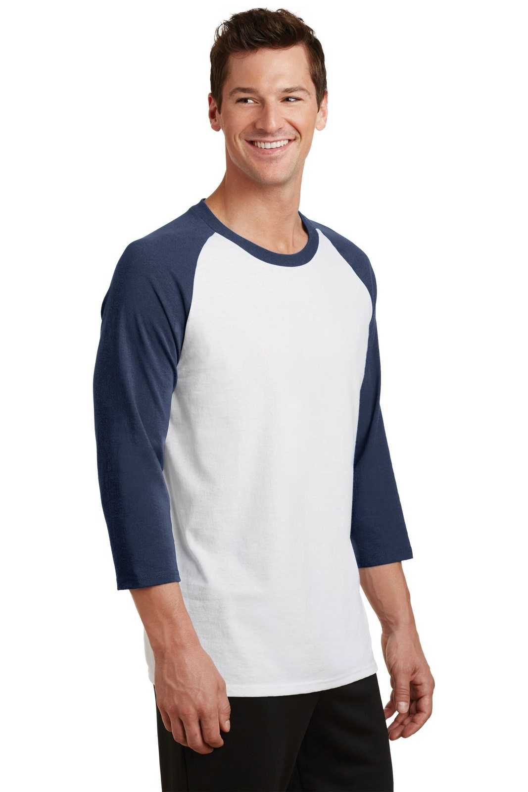 Port &amp; Company PC55RS Core Blend 3/4-Sleeve Raglan Tee - White Navy - HIT a Double - 4
