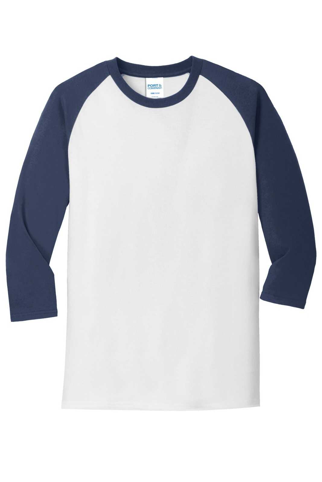 Port &amp; Company PC55RS Core Blend 3/4-Sleeve Raglan Tee - White Navy - HIT a Double - 5