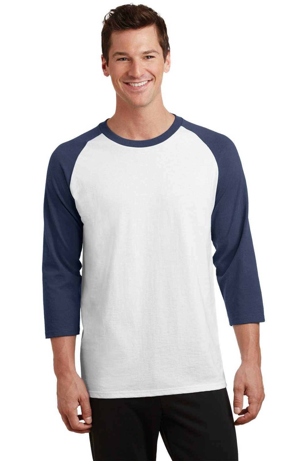 Port &amp; Company PC55RS Core Blend 3/4-Sleeve Raglan Tee - White Navy - HIT a Double - 1