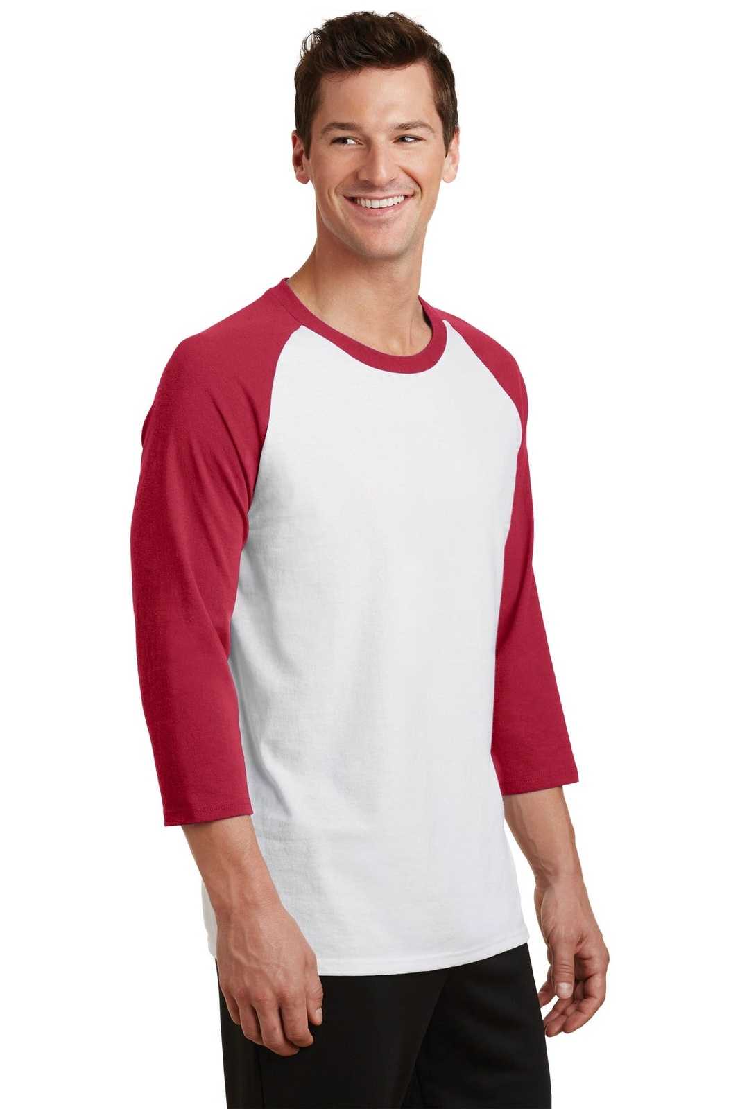 Port &amp; Company PC55RS Core Blend 3/4-Sleeve Raglan Tee - White Red - HIT a Double - 4
