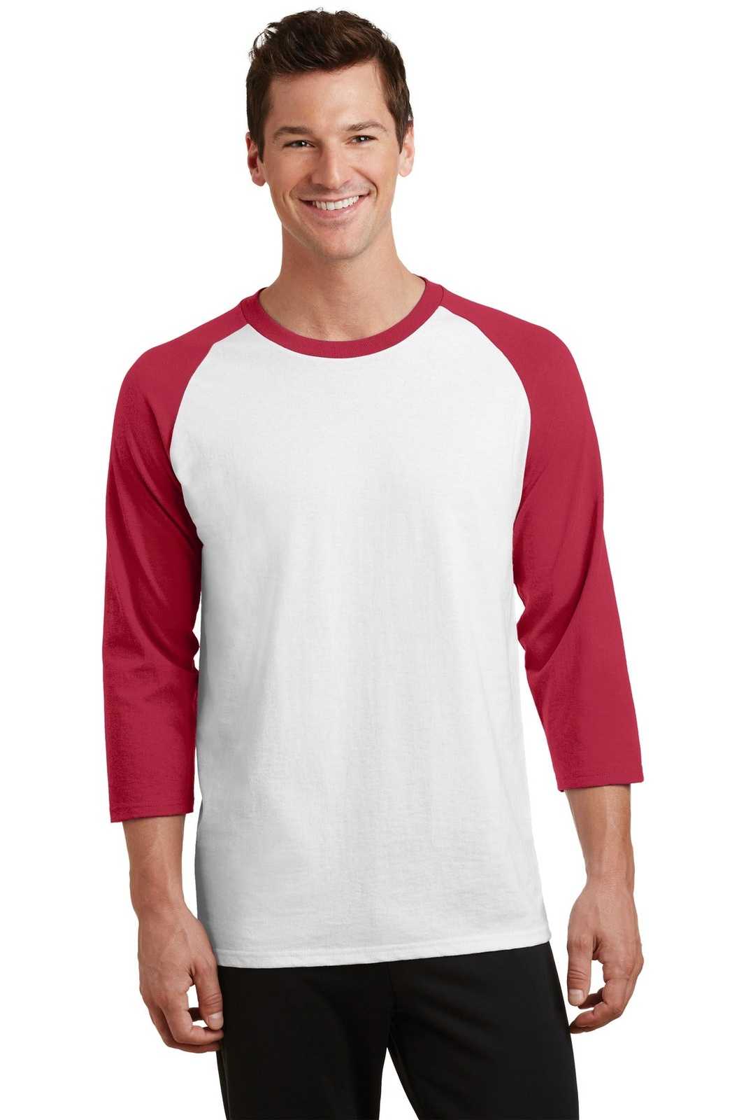 Port &amp; Company PC55RS Core Blend 3/4-Sleeve Raglan Tee - White Red - HIT a Double - 1