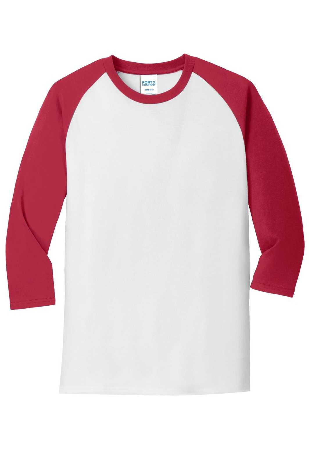 Port &amp; Company PC55RS Core Blend 3/4-Sleeve Raglan Tee - White Red - HIT a Double - 5