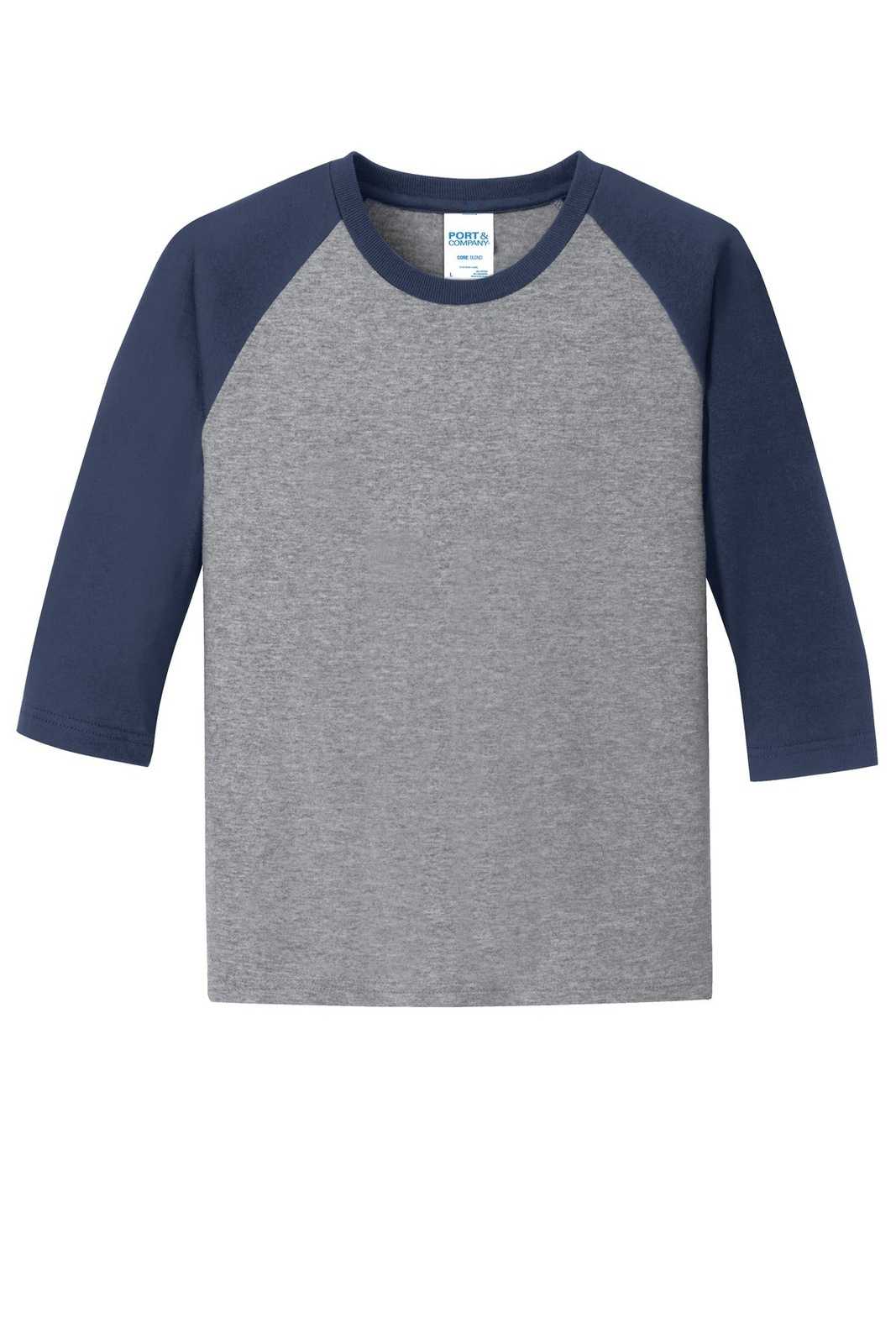 Port &amp; Company PC55YRS Youth Core Blend 3/4-Sleeve Raglan Tee - Athletic Heather Navy - HIT a Double - 5
