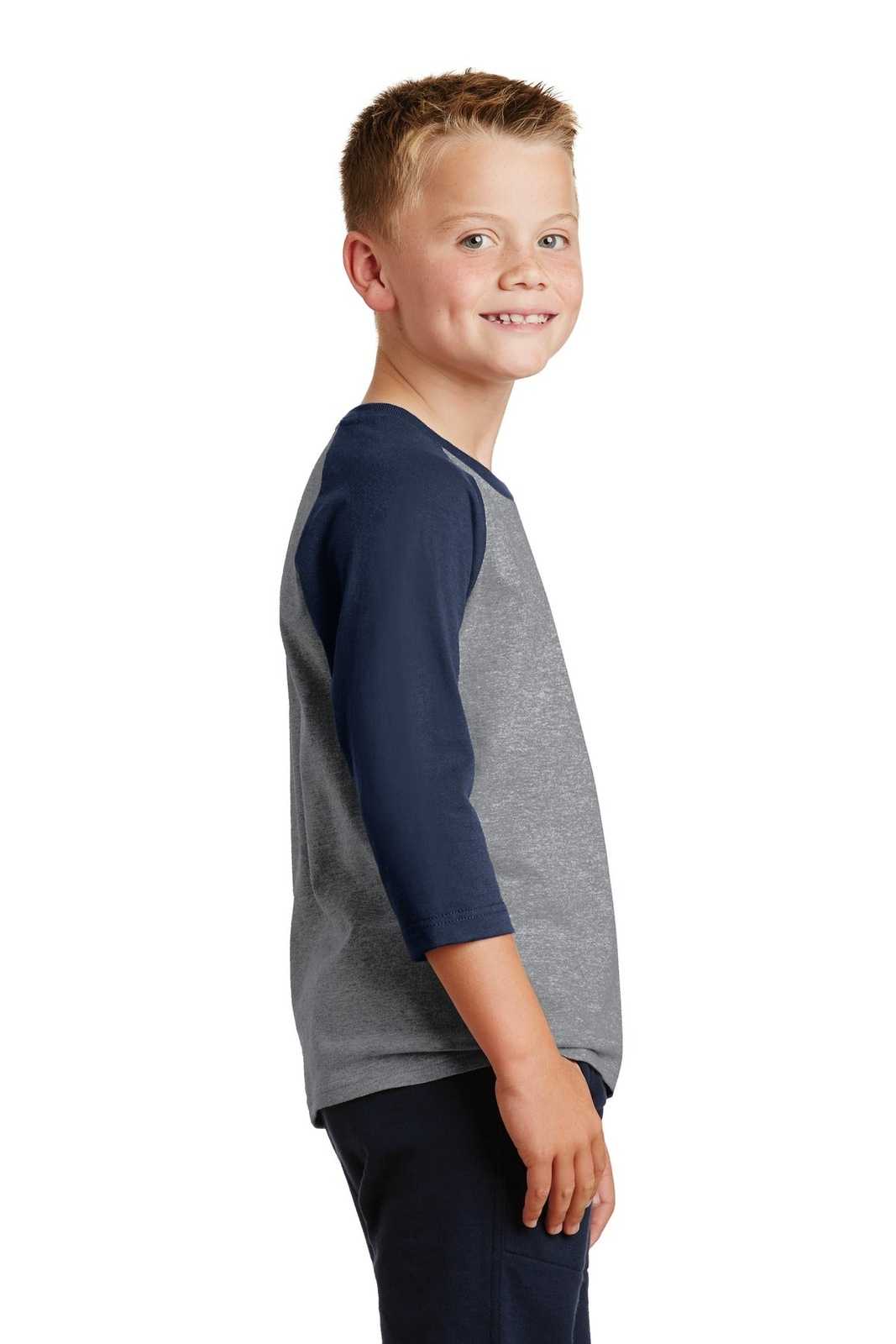 Port &amp; Company PC55YRS Youth Core Blend 3/4-Sleeve Raglan Tee - Athletic Heather Navy - HIT a Double - 3