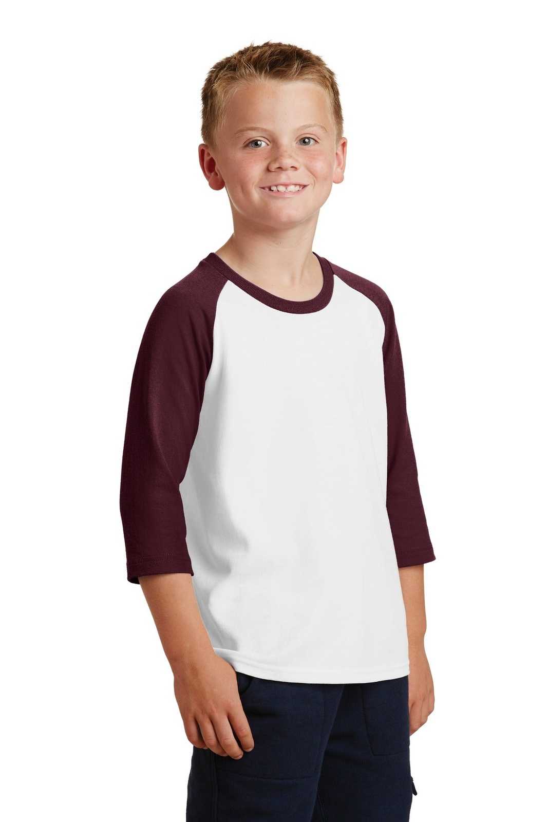 Port &amp; Company PC55YRS Youth Core Blend 3/4-Sleeve Raglan Tee - White Athletic Maroon - HIT a Double - 4