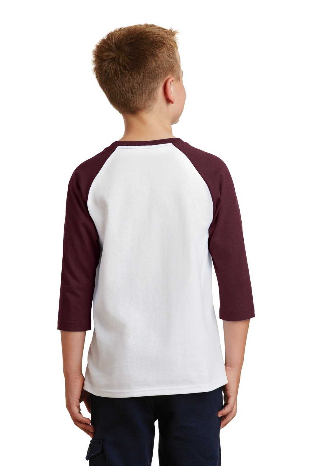 Port &amp; Company PC55YRS Youth Core Blend 3/4-Sleeve Raglan Tee - White Athletic Maroon - HIT a Double - 2