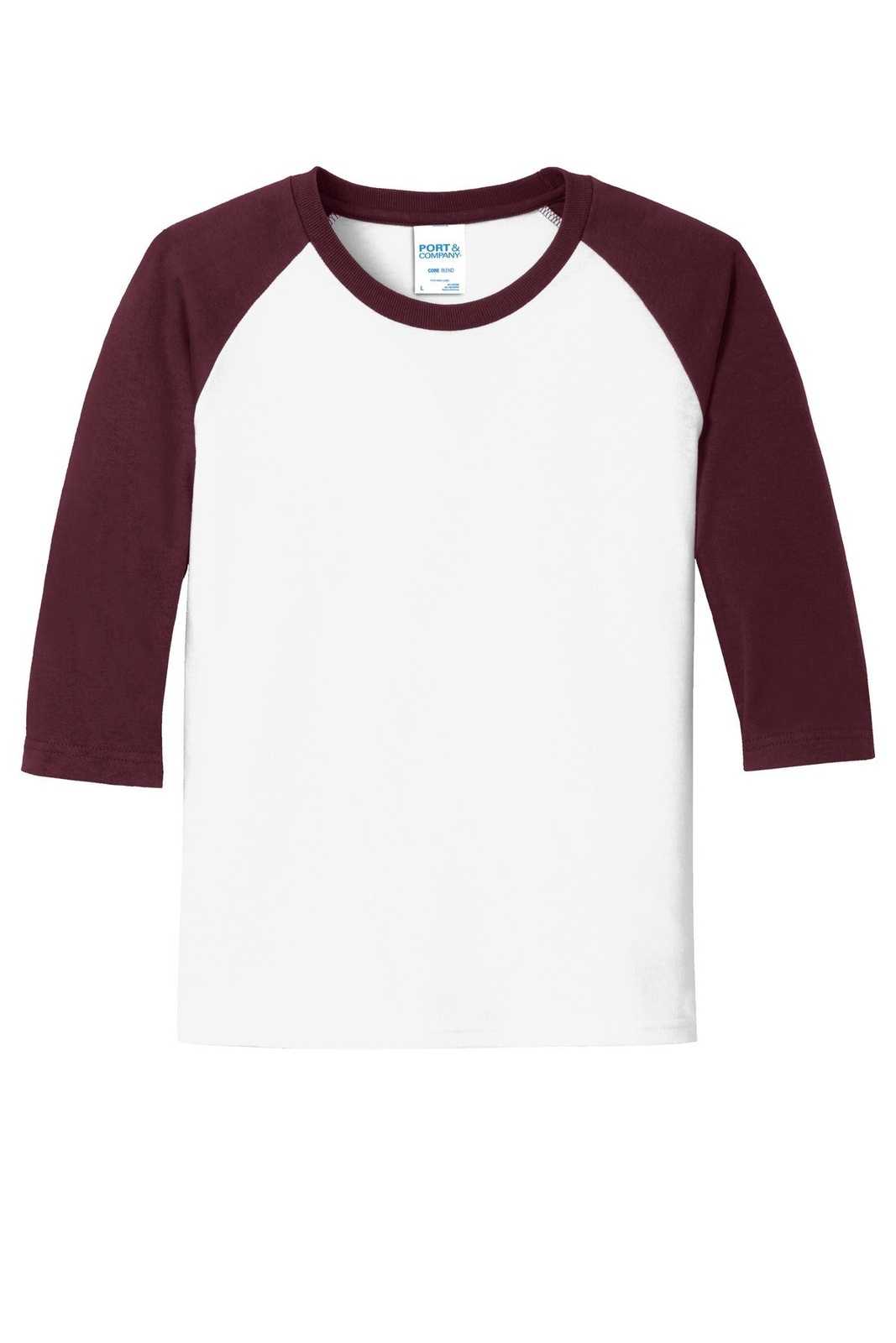 Port &amp; Company PC55YRS Youth Core Blend 3/4-Sleeve Raglan Tee - White Athletic Maroon - HIT a Double - 5