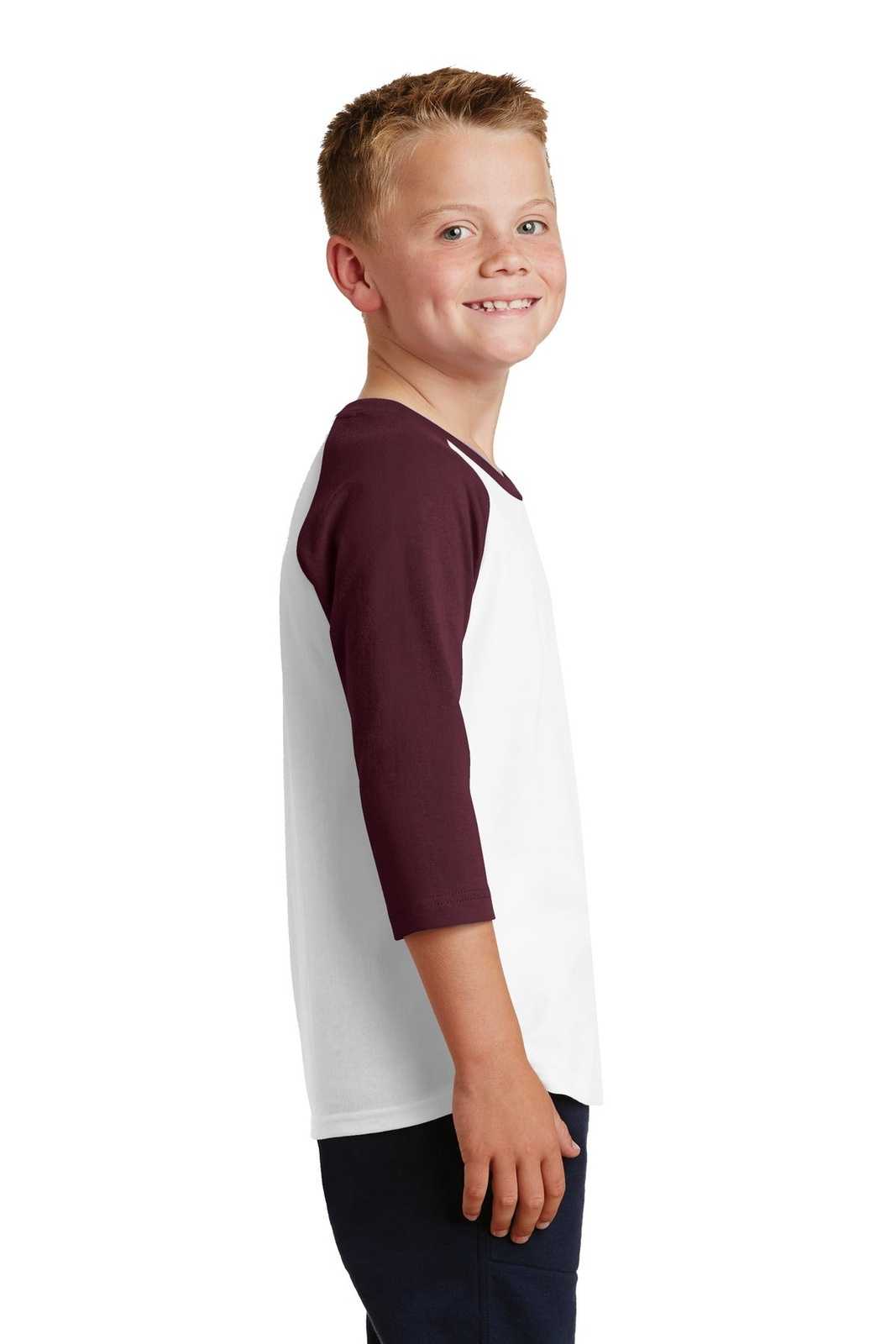 Port &amp; Company PC55YRS Youth Core Blend 3/4-Sleeve Raglan Tee - White Athletic Maroon - HIT a Double - 3
