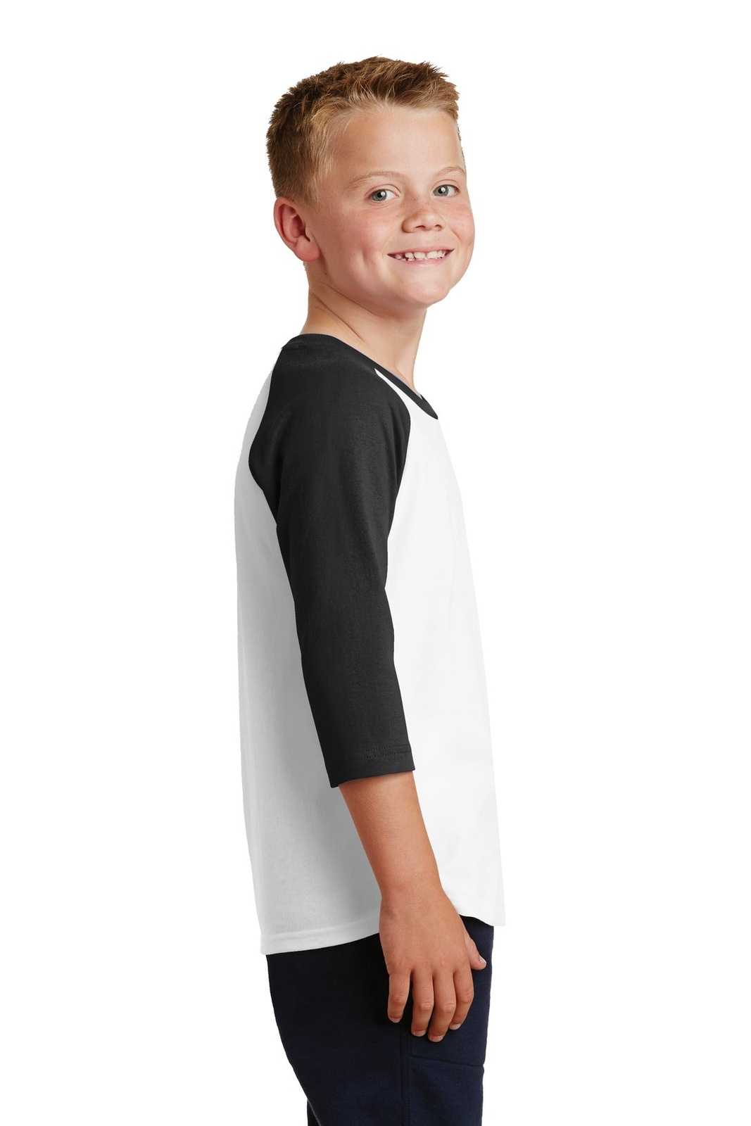 Port &amp; Company PC55YRS Youth Core Blend 3/4-Sleeve Raglan Tee - White Jet Black - HIT a Double - 3