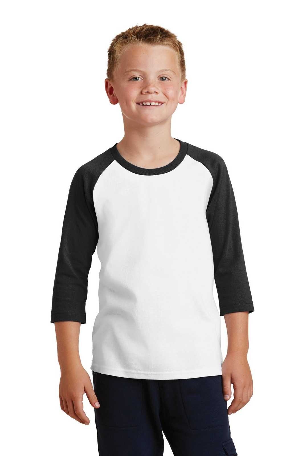 Port &amp; Company PC55YRS Youth Core Blend 3/4-Sleeve Raglan Tee - White Jet Black - HIT a Double - 1