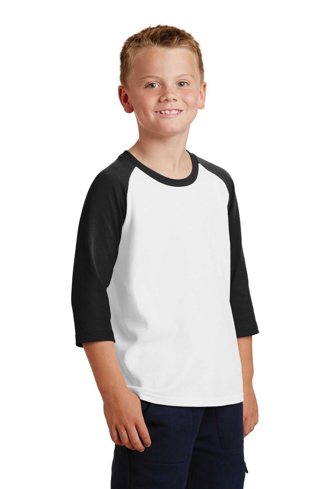 Port &amp; Company PC55YRS Youth Core Blend 3/4-Sleeve Raglan Tee - White Jet Black - HIT a Double - 4