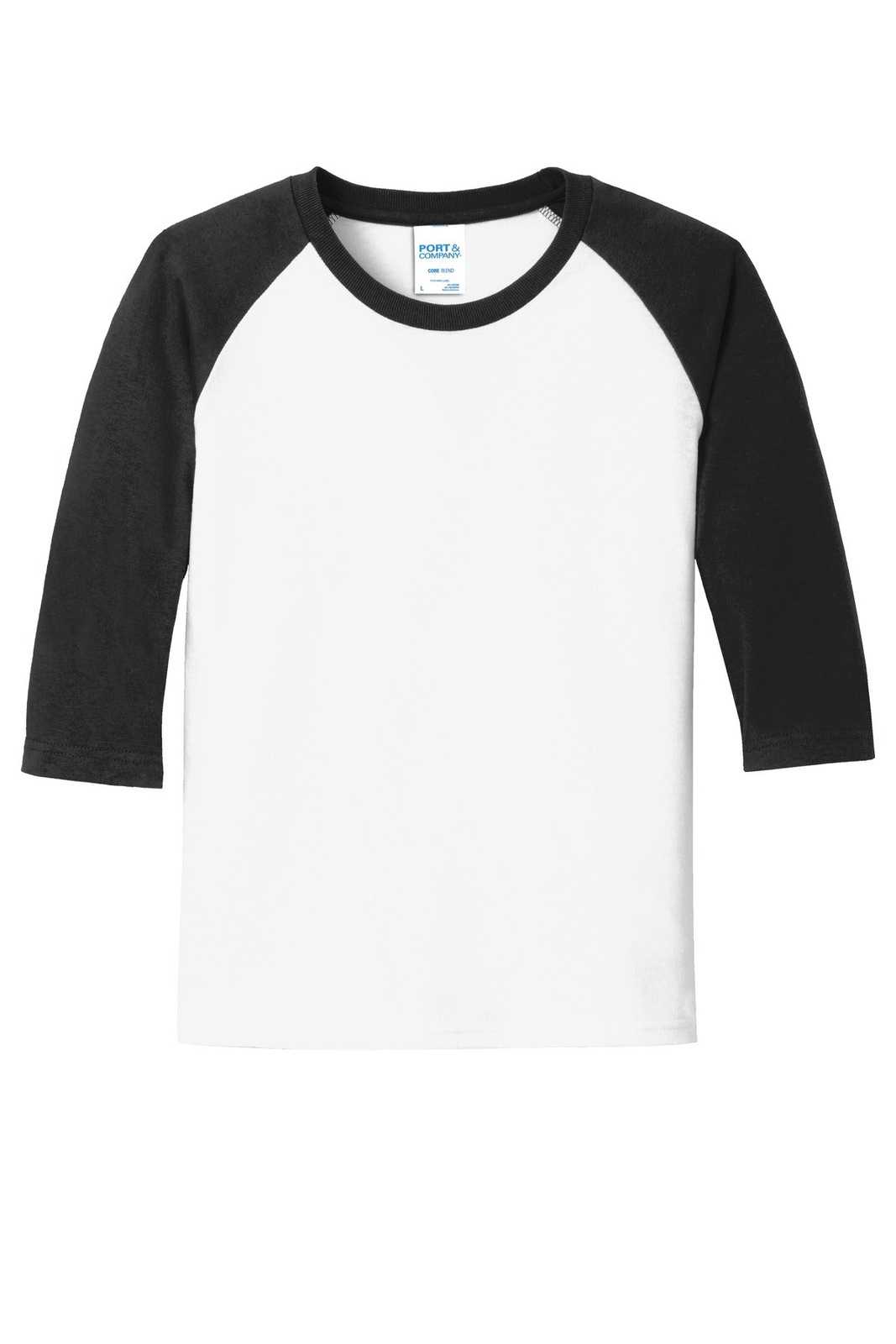 Port &amp; Company PC55YRS Youth Core Blend 3/4-Sleeve Raglan Tee - White Jet Black - HIT a Double - 5