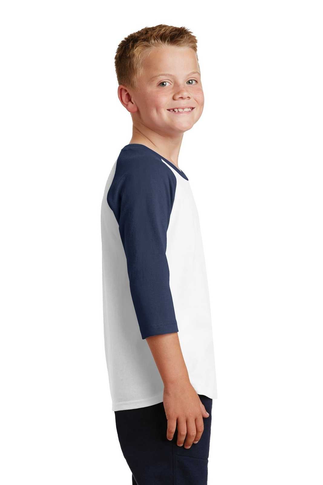 Port &amp; Company PC55YRS Youth Core Blend 3/4-Sleeve Raglan Tee - White Navy - HIT a Double - 3
