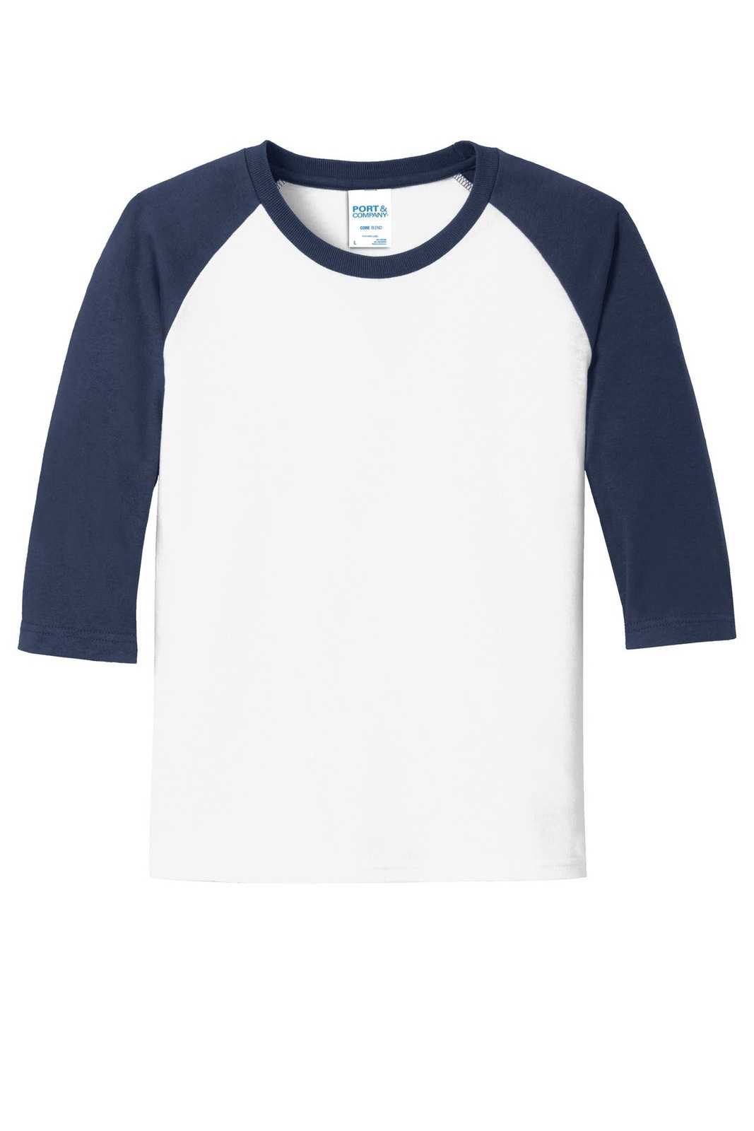 Port &amp; Company PC55YRS Youth Core Blend 3/4-Sleeve Raglan Tee - White Navy - HIT a Double - 5