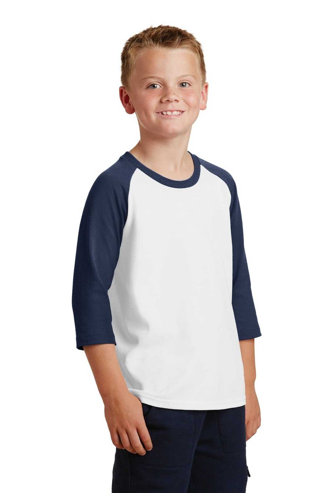 Port &amp; Company PC55YRS Youth Core Blend 3/4-Sleeve Raglan Tee - White Navy - HIT a Double - 4