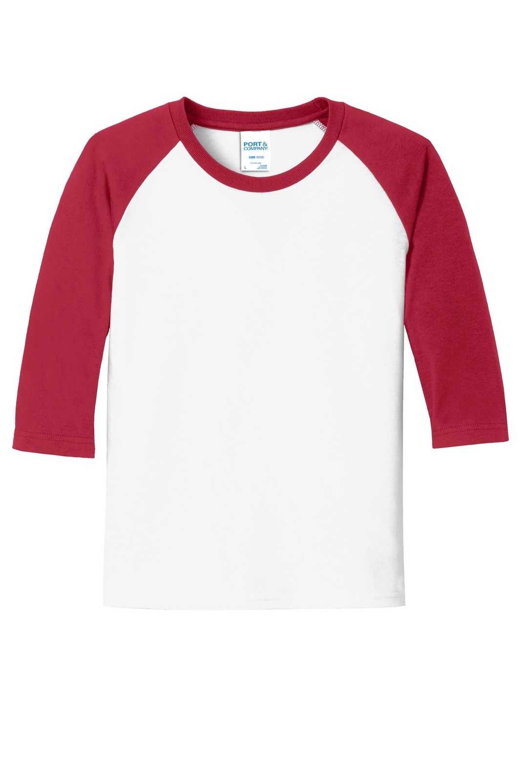 Port &amp; Company PC55YRS Youth Core Blend 3/4-Sleeve Raglan Tee - White Red - HIT a Double - 5