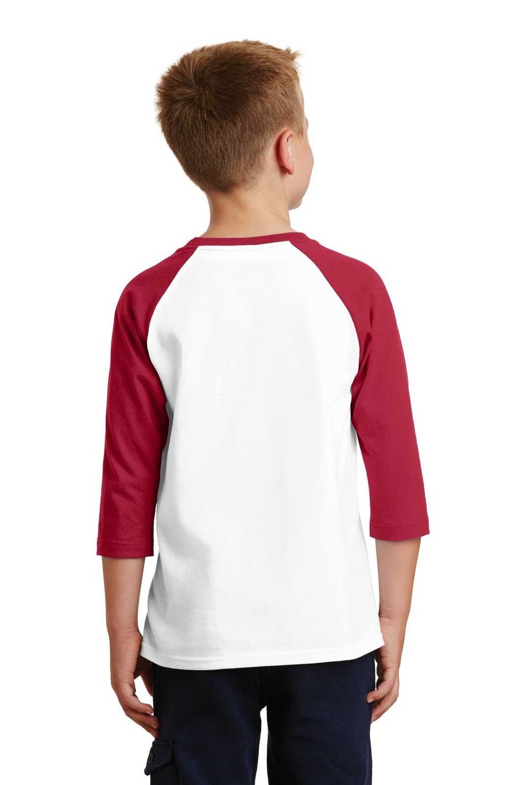 Port &amp; Company PC55YRS Youth Core Blend 3/4-Sleeve Raglan Tee - White Red - HIT a Double - 2