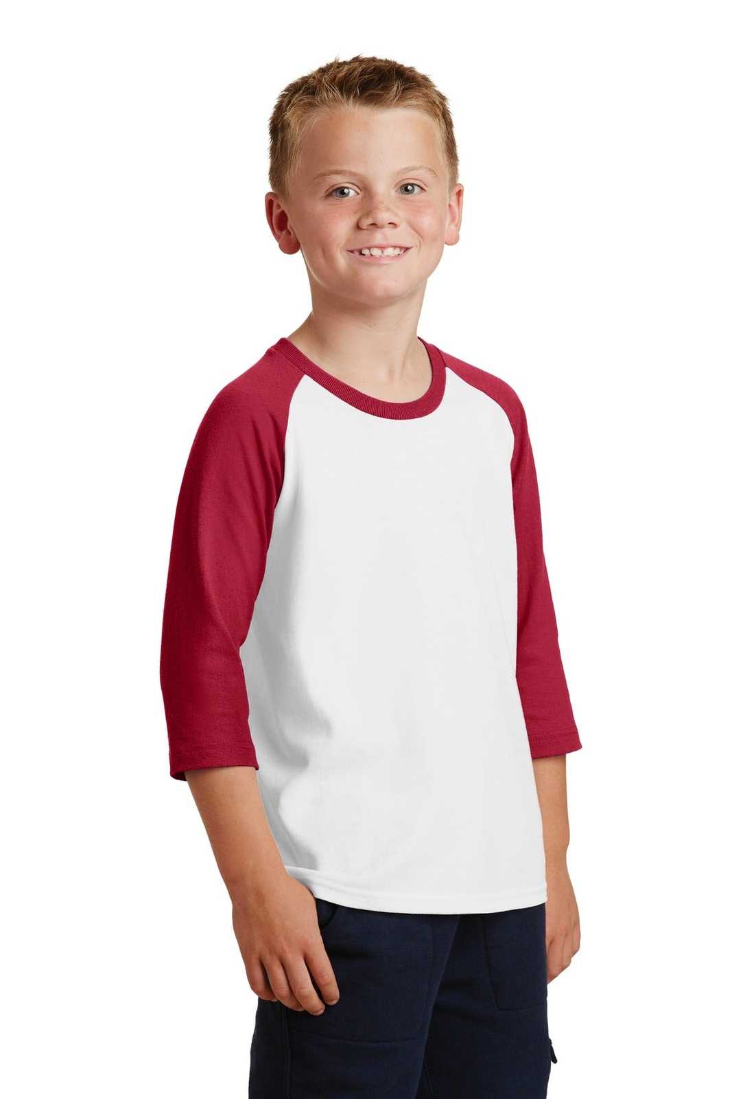 Port &amp; Company PC55YRS Youth Core Blend 3/4-Sleeve Raglan Tee - White Red - HIT a Double - 4