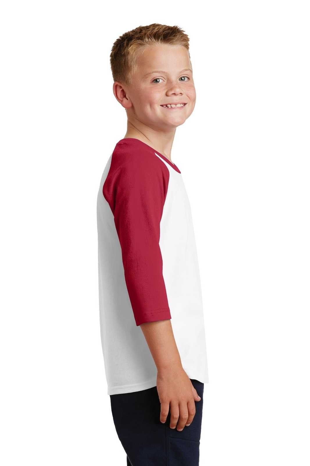 Port &amp; Company PC55YRS Youth Core Blend 3/4-Sleeve Raglan Tee - White Red - HIT a Double - 3
