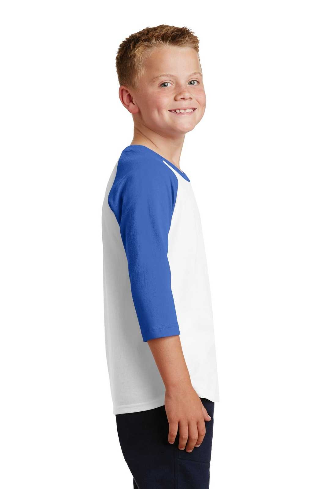 Port &amp; Company PC55YRS Youth Core Blend 3/4-Sleeve Raglan Tee - White Royal - HIT a Double - 3