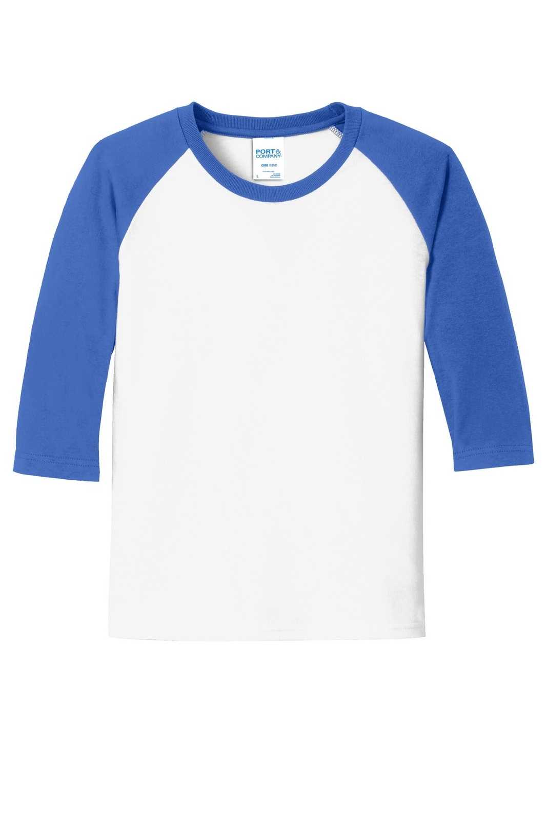 Port &amp; Company PC55YRS Youth Core Blend 3/4-Sleeve Raglan Tee - White Royal - HIT a Double - 5