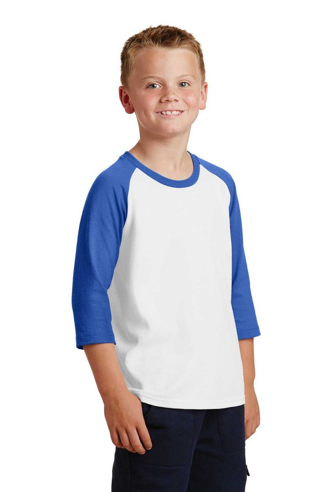 Port &amp; Company PC55YRS Youth Core Blend 3/4-Sleeve Raglan Tee - White Royal - HIT a Double - 4
