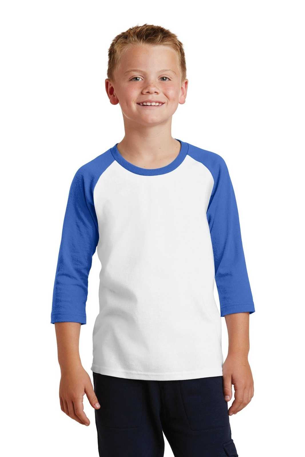Port &amp; Company PC55YRS Youth Core Blend 3/4-Sleeve Raglan Tee - White Royal - HIT a Double - 1