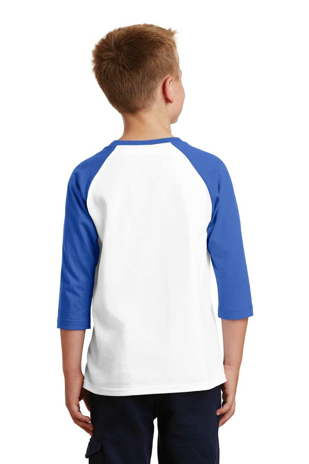 Port &amp; Company PC55YRS Youth Core Blend 3/4-Sleeve Raglan Tee - White Royal - HIT a Double - 2