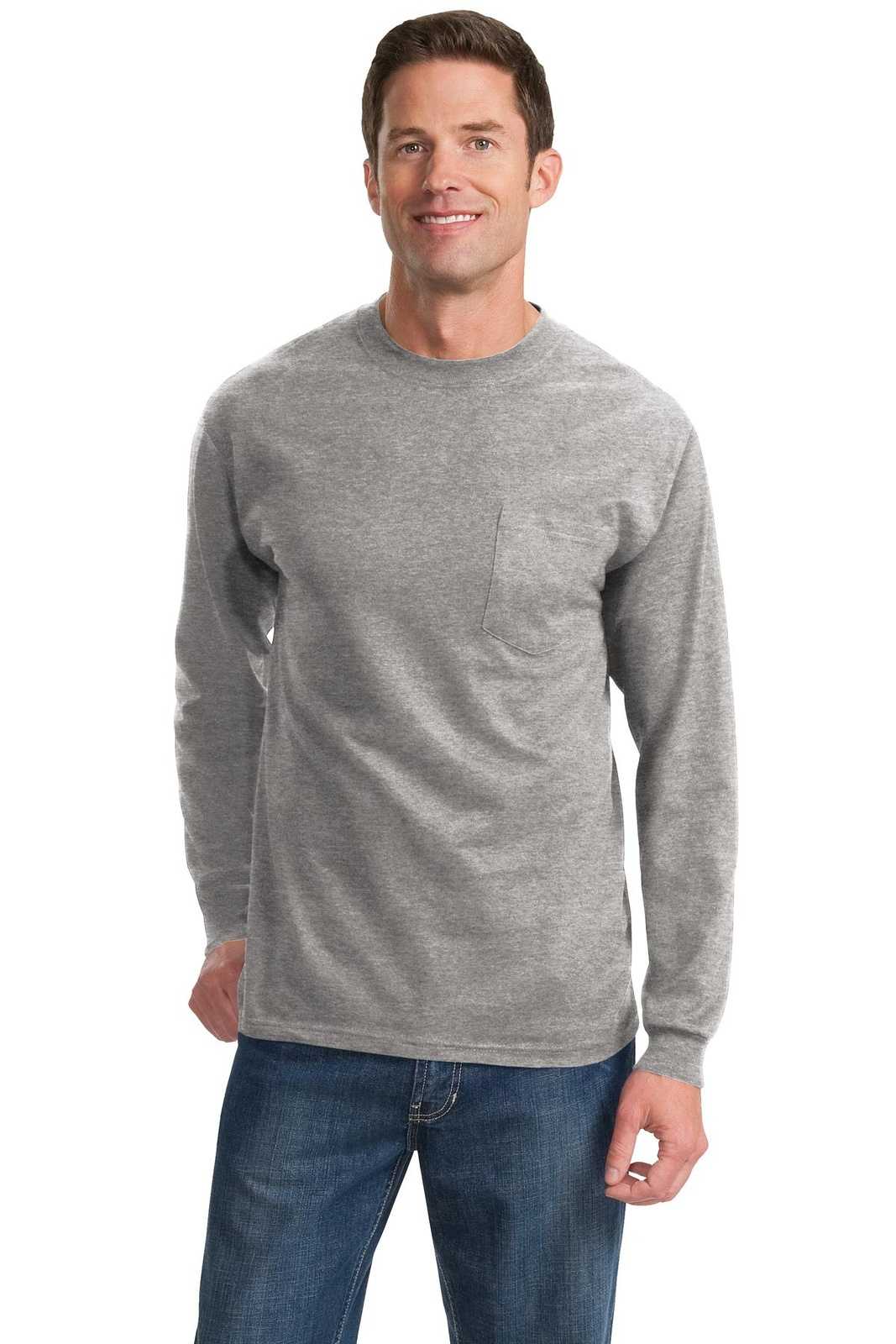 Port &amp; Company PC61LSPT Tall Long Sleeve Essential Pocket Tee - Athletic Heather - HIT a Double - 1