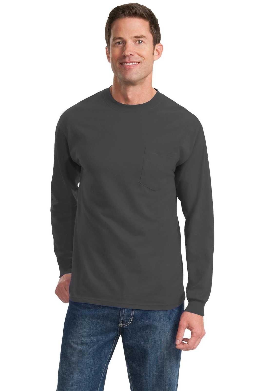 Port &amp; Company PC61LSPT Tall Long Sleeve Essential Pocket Tee - Charcoal - HIT a Double - 1
