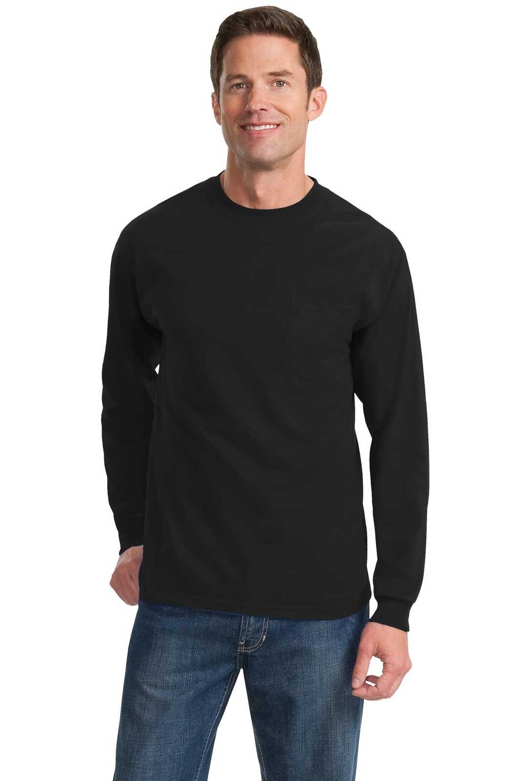 Port &amp; Company PC61LSPT Tall Long Sleeve Essential Pocket Tee - Jet Black - HIT a Double - 1