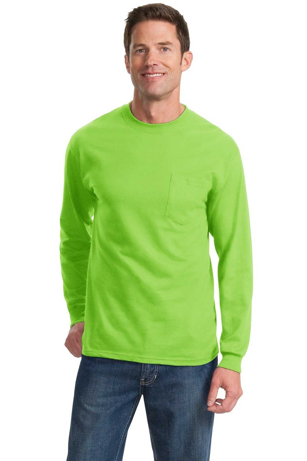 Port &amp; Company PC61LSPT Tall Long Sleeve Essential Pocket Tee - Lime - HIT a Double - 1