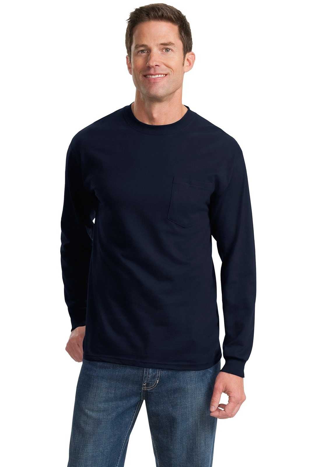Port &amp; Company PC61LSPT Tall Long Sleeve Essential Pocket Tee - Navy - HIT a Double - 1
