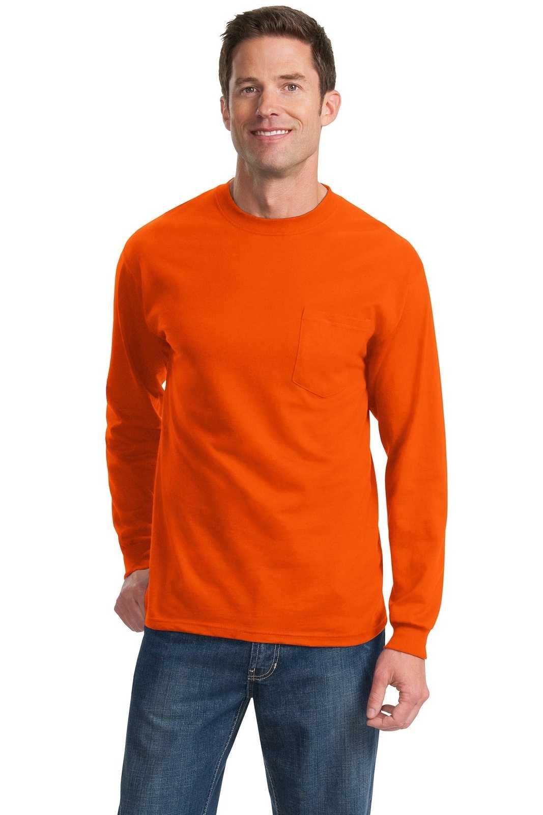 Port &amp; Company PC61LSPT Tall Long Sleeve Essential Pocket Tee - Orange - HIT a Double - 1