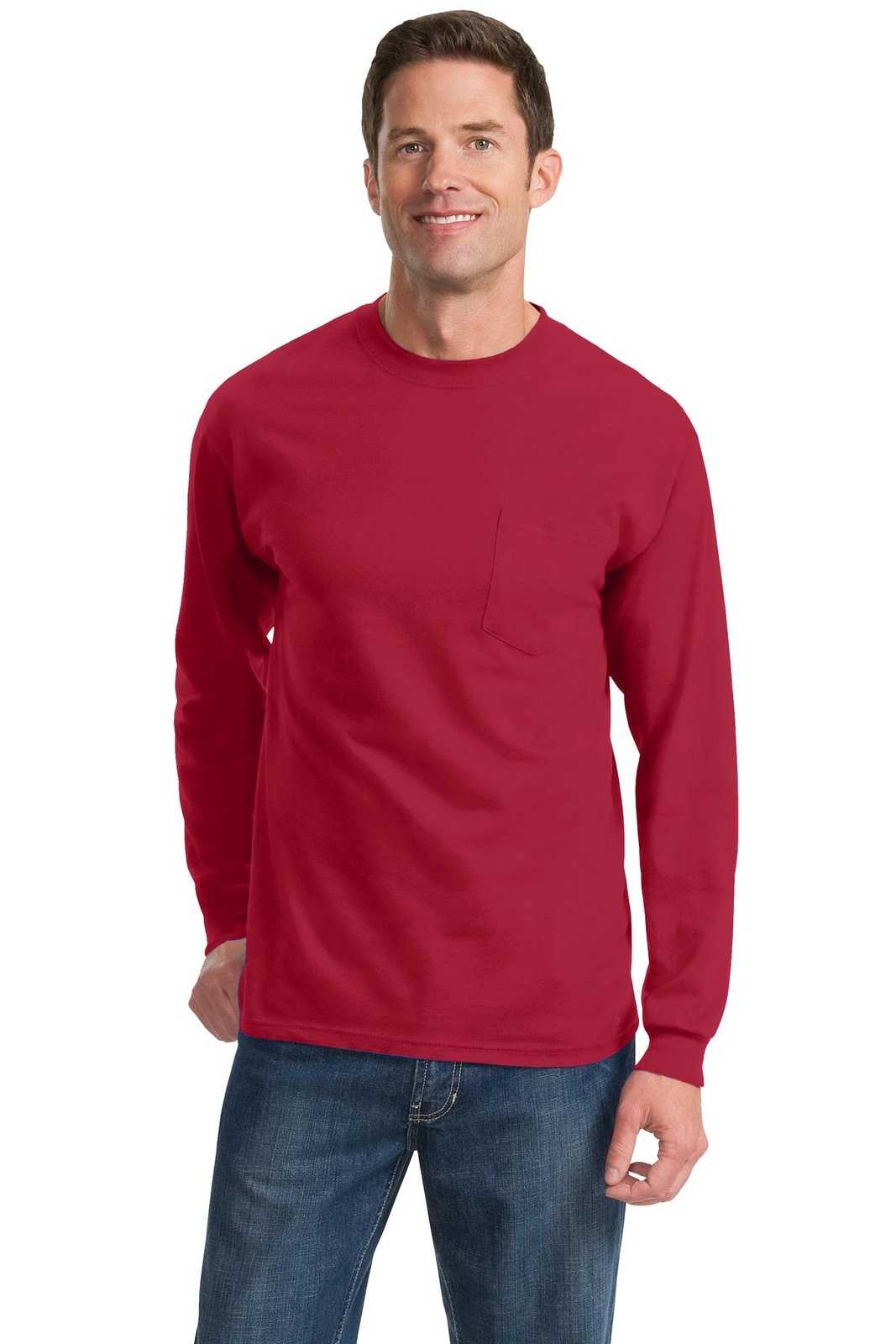Port &amp; Company PC61LSPT Tall Long Sleeve Essential Pocket Tee - Red - HIT a Double - 1