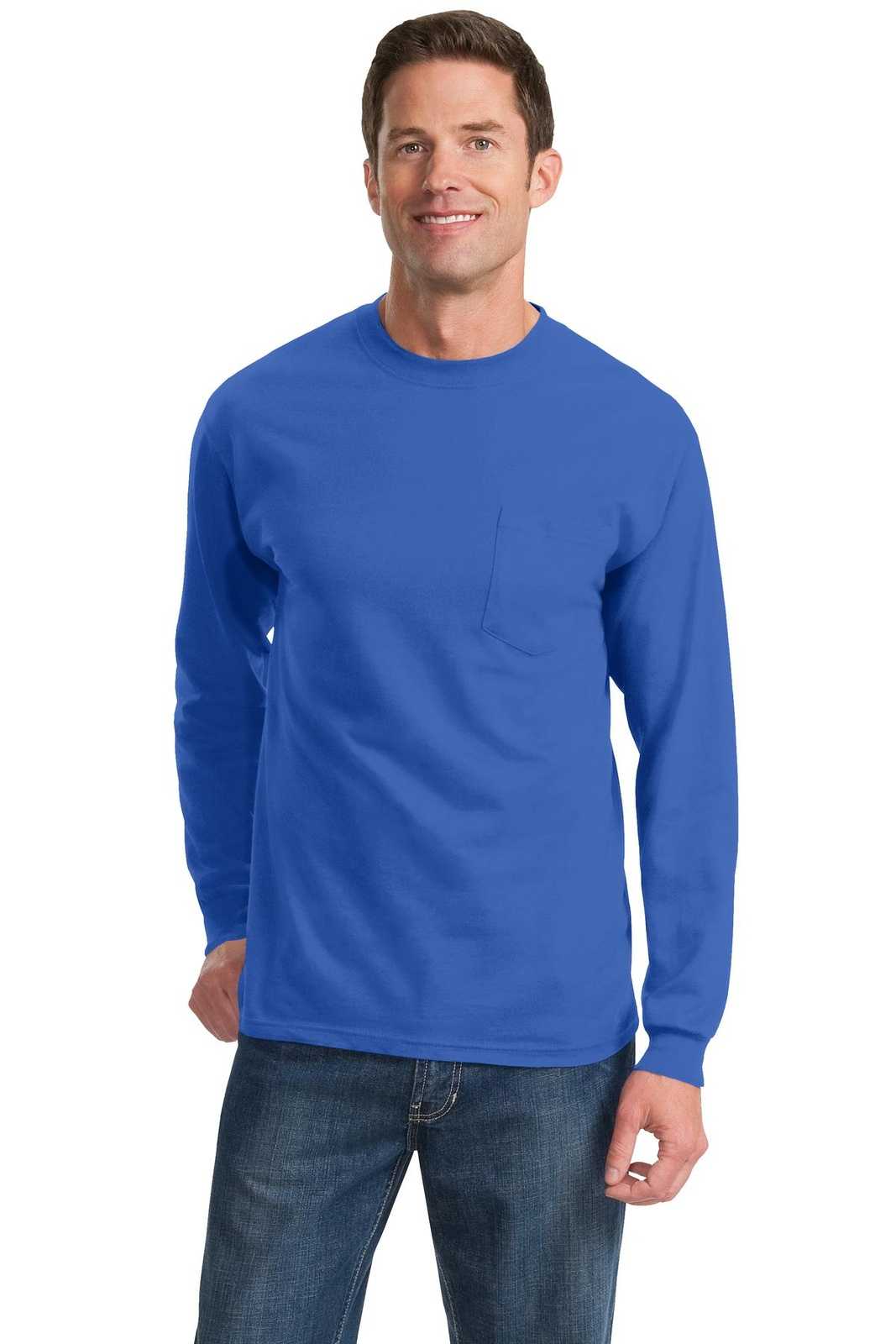 Port &amp; Company PC61LSPT Tall Long Sleeve Essential Pocket Tee - Royal - HIT a Double - 1