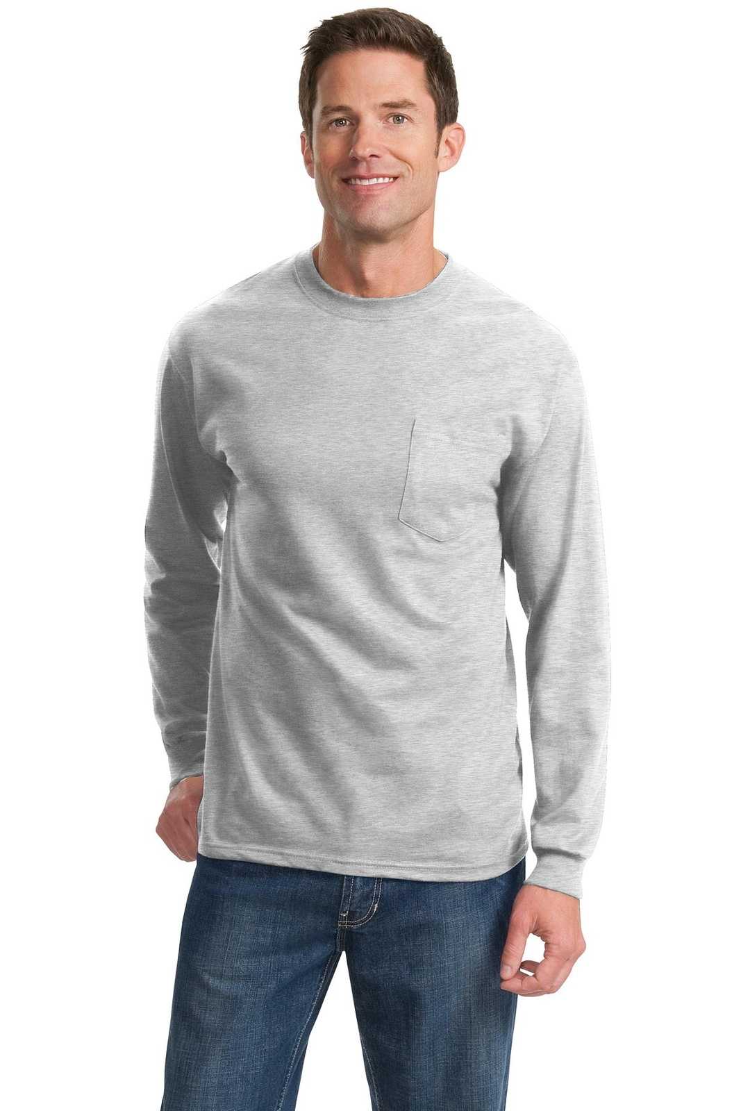 Port &amp; Company PC61LSP Long Sleeve Essential Pocket Tee - Ash - HIT a Double - 1
