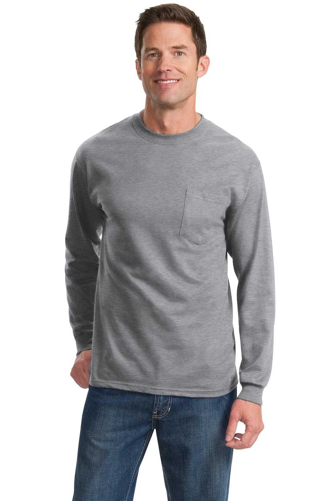 Port &amp; Company PC61LSP Long Sleeve Essential Pocket Tee - Athletic Heather - HIT a Double - 1