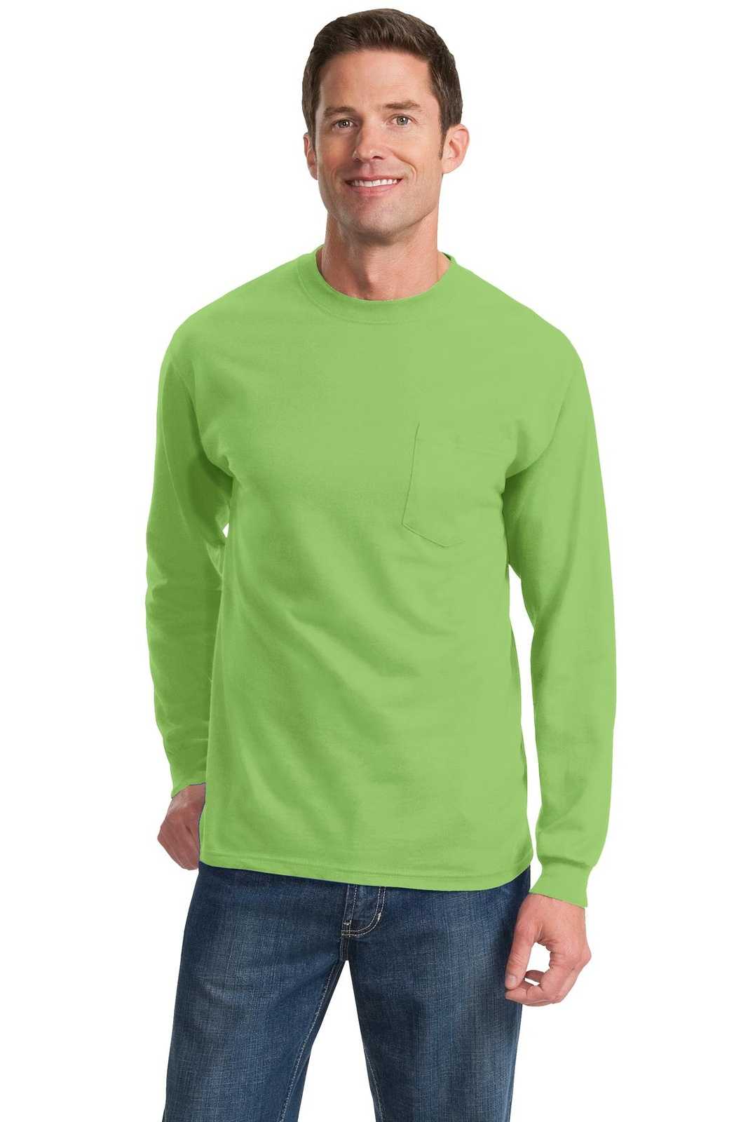 Port &amp; Company PC61LSP Long Sleeve Essential Pocket Tee - Lime - HIT a Double - 1