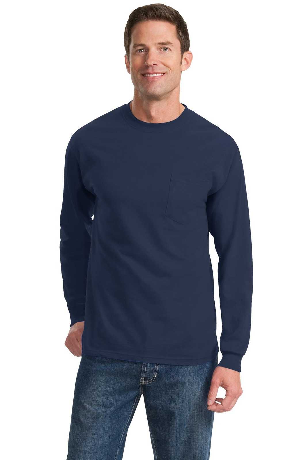 Port &amp; Company PC61LSP Long Sleeve Essential Pocket Tee - Navy - HIT a Double - 1