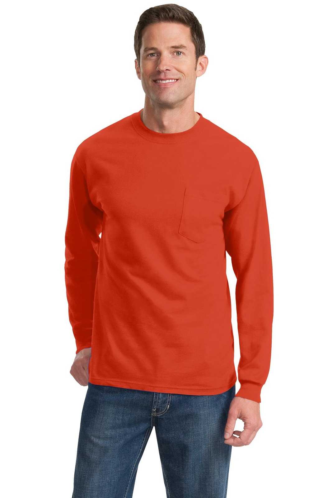 Port &amp; Company PC61LSP Long Sleeve Essential Pocket Tee - Orange - HIT a Double - 1