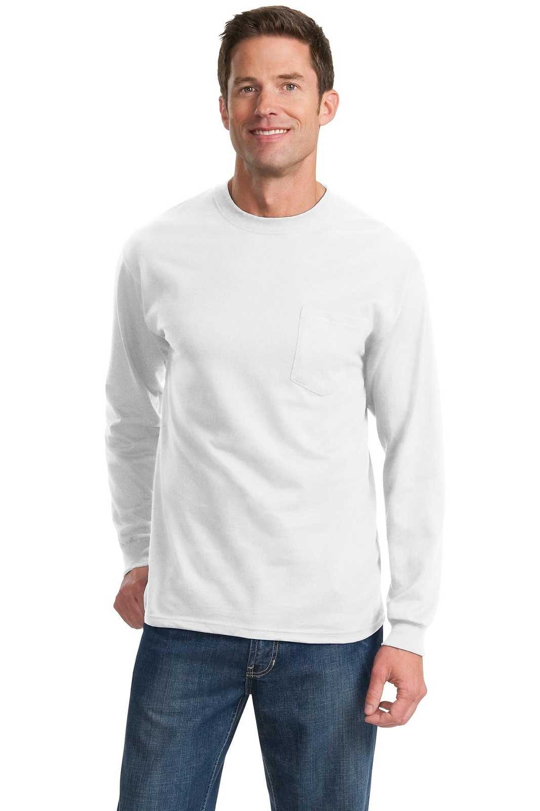 Port &amp; Company PC61LSP Long Sleeve Essential Pocket Tee - White - HIT a Double - 1