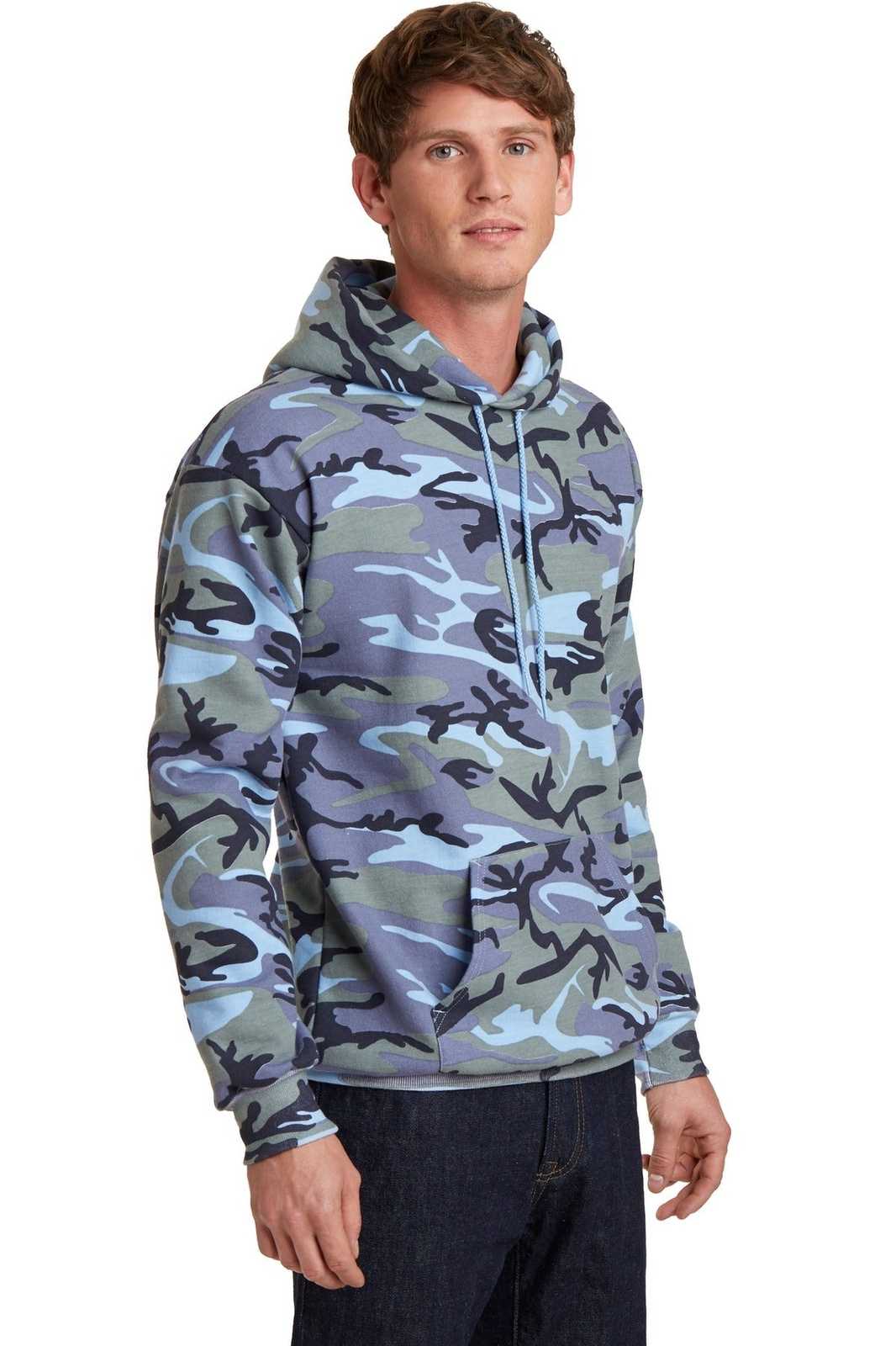 Port &amp; Company PC78HC Core Fleece Camo Pullover Hooded Sweatshirt - Woodland Blue Camo - HIT a Double - 4