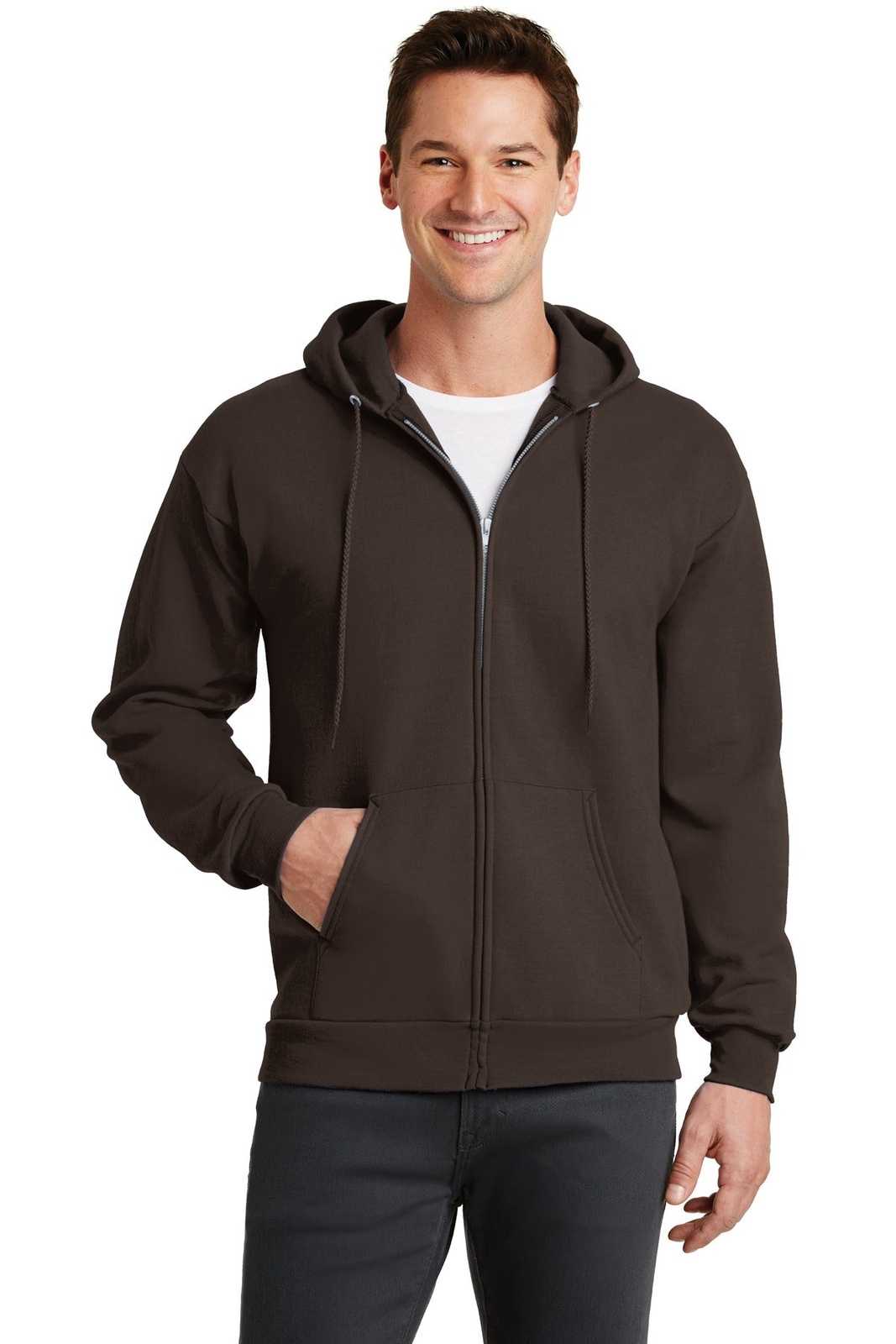 Port &amp; Company PC78ZH Core Fleece Full-Zip Hooded Sweatshirt - Dark Chocolate Brown - HIT a Double - 1
